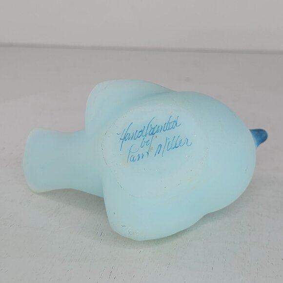 Fenton Painted Blue Satin Glass Bird Figurine Floral Design Signed Pam Miller - Picture 5 of 8